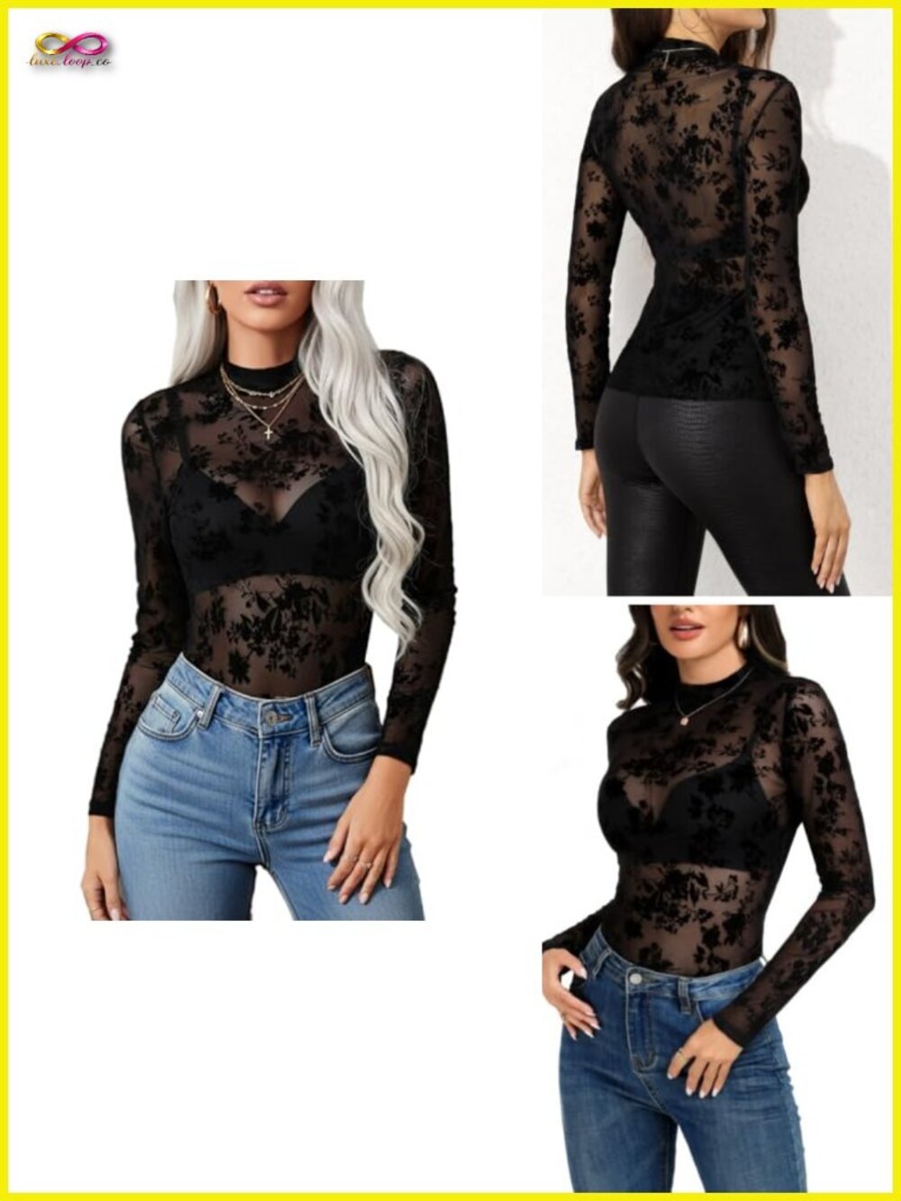 Floral Mesh Long Sleeve Top Mock Neck See Through Fitted Going Out